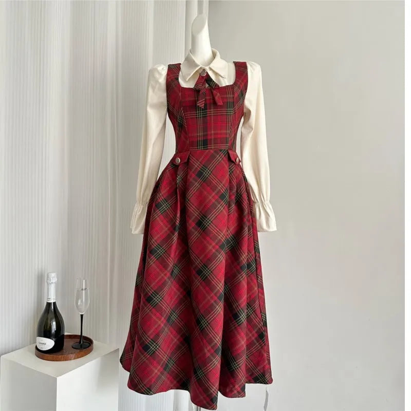 French Vintage Two-piece Dress Set Women Flare Sleeve Shirt Red Plaid Strap Dress A-line Autumn Winter New Christmas Party Dress
