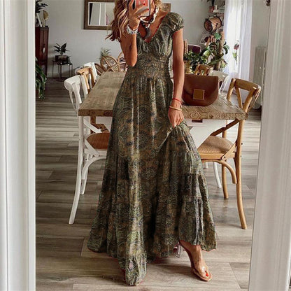 Bohemian Print Long Dresses Women V-neck Elastic Waist Short Sleeves Casual Vacation Style Dress Female Trendy Vintage Vestidos