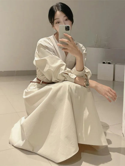 Korean Fashion V-neck Midi Dresses for Women with Belt Long Sleeve A-line Office Lady Autumn New Elegant Solid Female Clothing