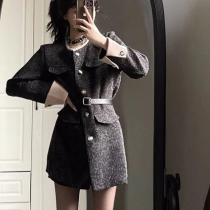 Autumn Winter Mini Dresses for Women with Belt Turn-down Collar Patchwork O-neck Korean Fashion Blazer Dress Casual Vestidos