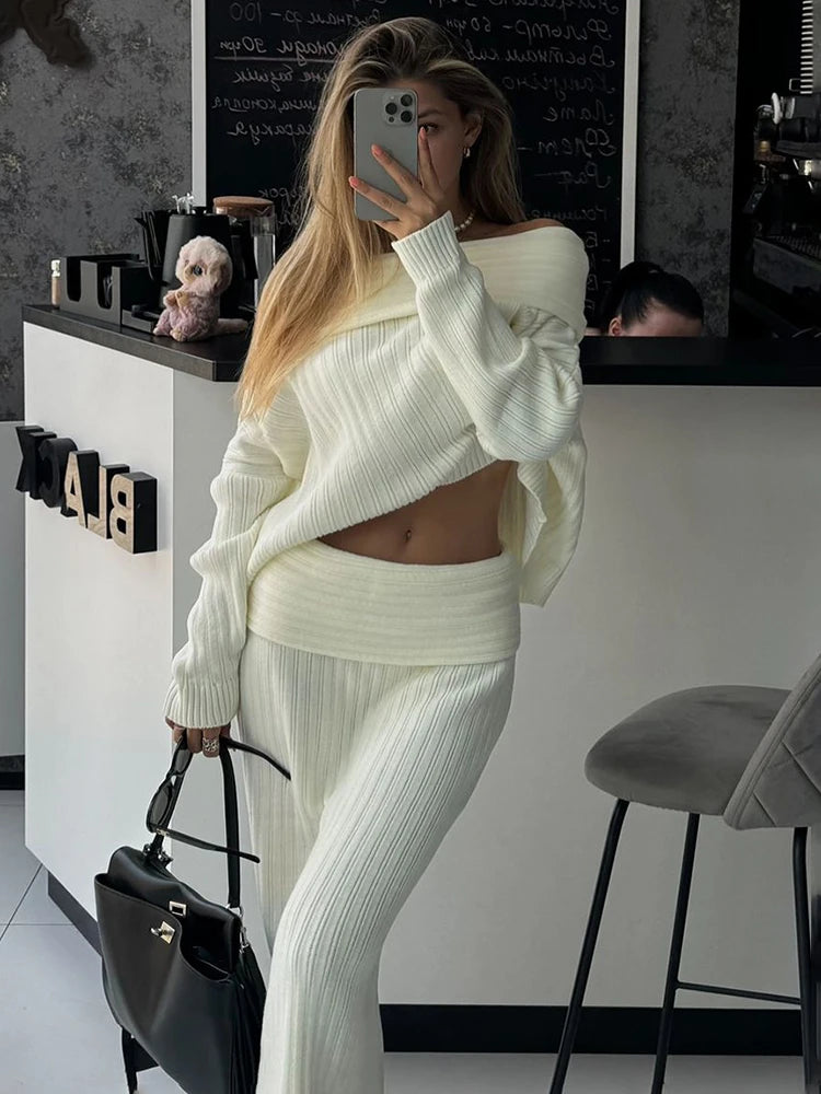 Knitted Skirt 2 Piece Set Women&#8217;s One-Shoulder Long Sleeves Sweater Pullover Elegant Slim Fit Long Skirt Suit Autumn New