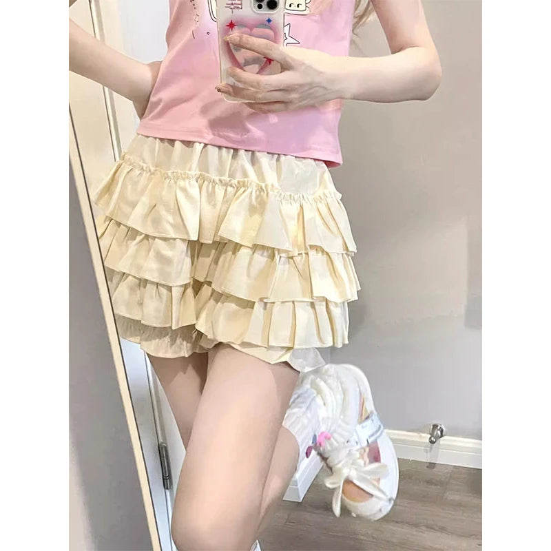 Y2K Sweet Ruffles Mini Skirt Women Kawaii Lolita Bow A Line Skirts Harajuku Japanese High Waist Pink White Ball Gown Skirt