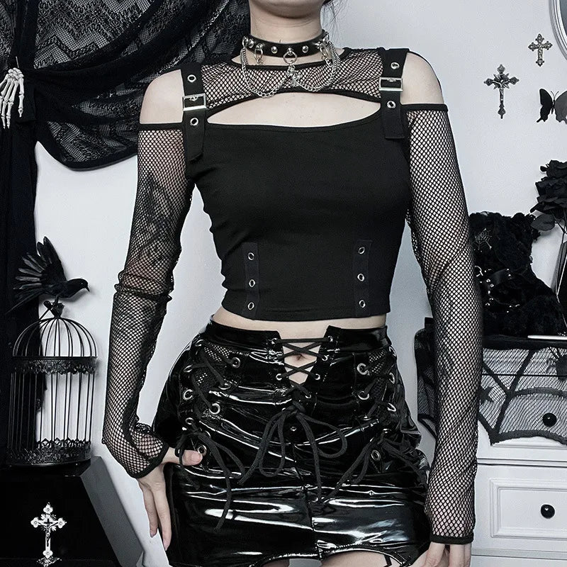 Buckle Detail Crop Mesh Top