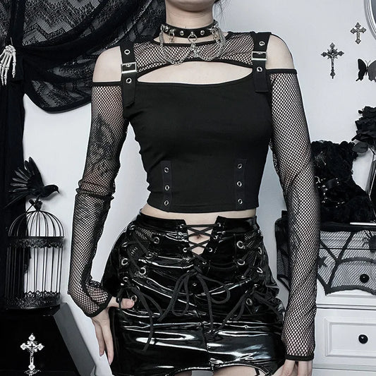 Buckle Detail Crop Mesh Top