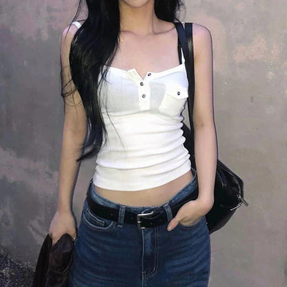 y2k Tops Solid Color Button Front Spaghetti Strap Sleeveless Camisole with Pocket Decor 2000s Vest Streetwear