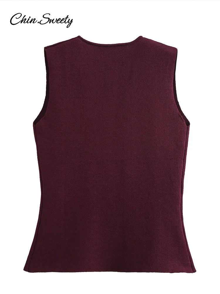 Fashion Single Breasted Knitted Vest Top Women Wine Red V-Neck Sleeveless Sweater Tank Female  Autumn Chic Lady Knitwear New