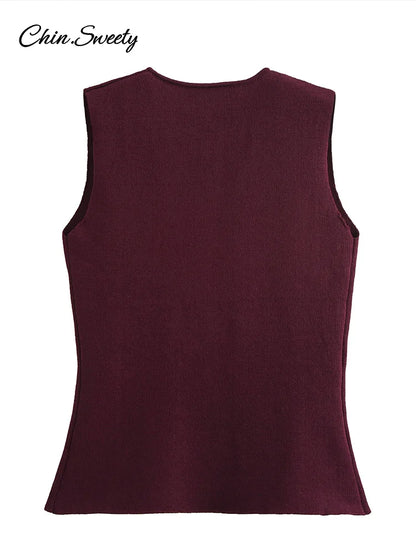 Fashion Single Breasted Knitted Vest Top Women Wine Red V-Neck Sleeveless Sweater Tank Female  Autumn Chic Lady Knitwear New