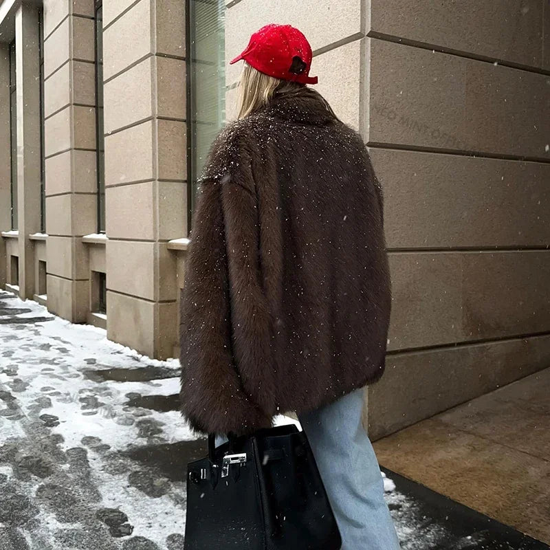 Winter Faux Fur Coat Women Brand Fashion Fluffy Fox Fur Outerwear Overcoat Girl Street Style Furry Warm Jacket