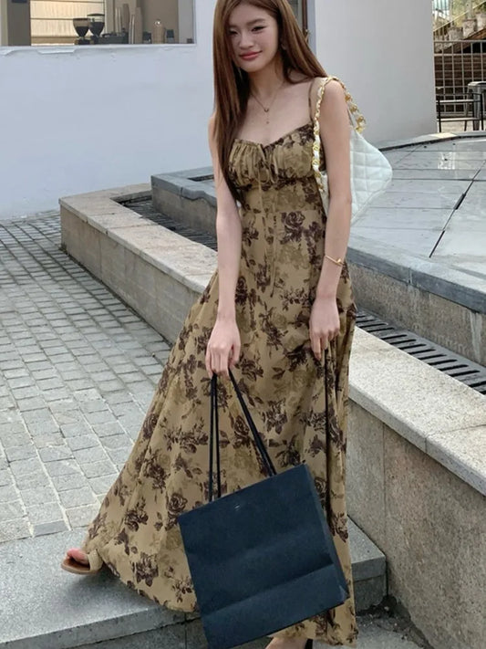 French Vintage Printed Midi Dresses for Women Spaghetti Strap Corset Slim A-line Summer New Casual One Piece Vestido Mujer