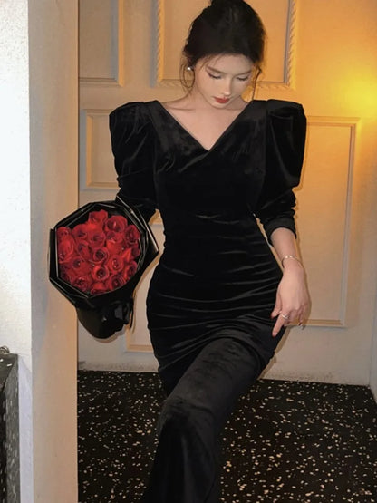 French Vintage Black Velvet Dresses for Women Long Sleeve Slim Waist V-neck Bodycon Evening Party Dress Autumn Korean Vestidos