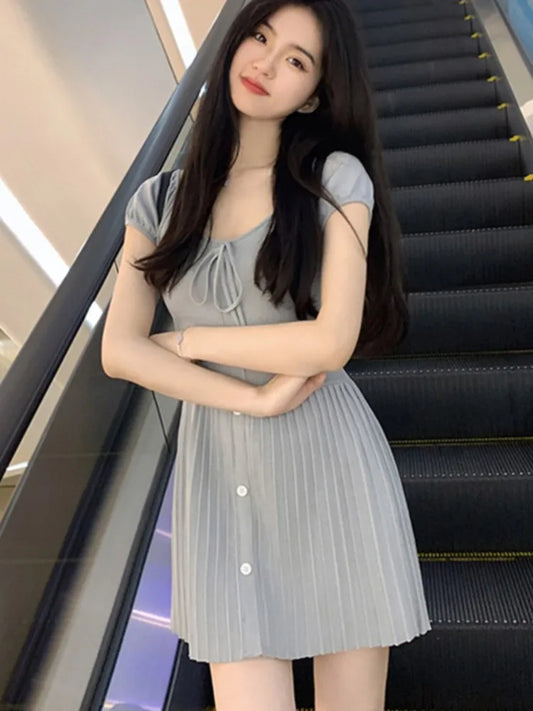 Sexy Knitted Dresses for Women V-neck A-Line Pleated Mini Dress Korean Fashion Solid Autumn Knitting One Piece Vestido Mujer New
