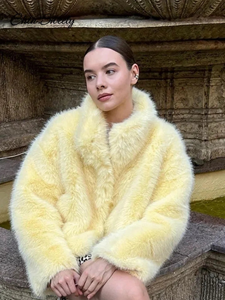 Fashion Faux Fur Jacket Coat Women Warm Fluffy Loose Long Sleeve Lapel Female Overcoat  Winter Yellow Lady Street Outwear