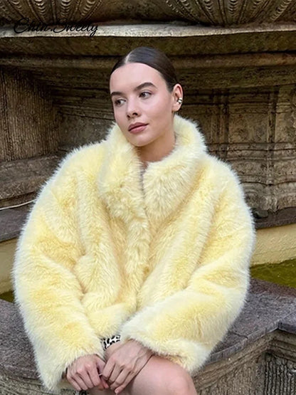 Fashion Faux Fur Jacket Coat Women Warm Fluffy Loose Long Sleeve Lapel Female Overcoat  Winter Yellow Lady Street Outwear