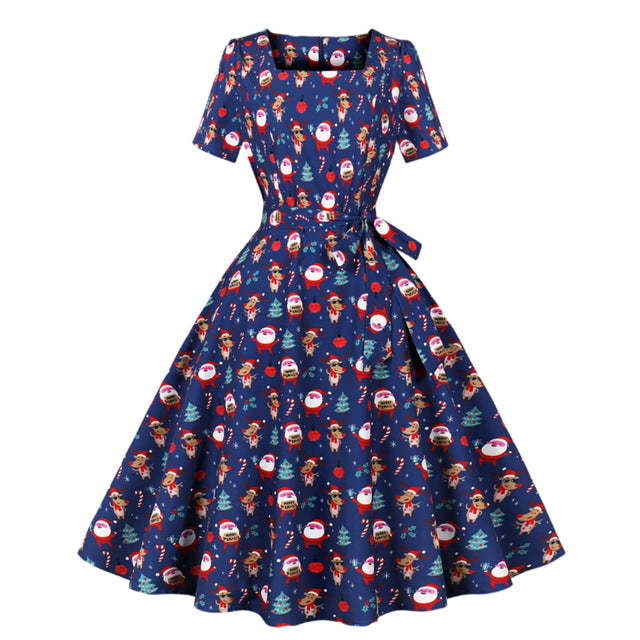 Trend Elegant Christmas Party Dresses Women Print Square Collar Short Sleeves Bowknot Leace-up A-line Dress Female New Vestidos