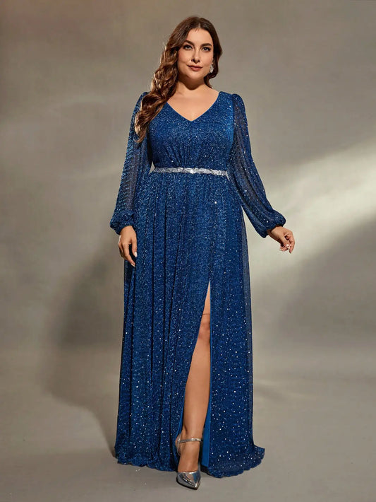 plus size V-neck lantern Long sleeve chest pleats waist sequin webbing net slit A full skirt Evening gown Ball dress
