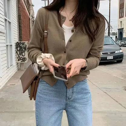 Spring Autumn Women’s Knitted Cardigan  Korean Single Breasted Long Sleeve Jumper Woman Chic Round Neck Cardigans Outwear