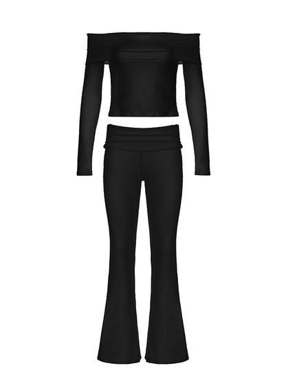 Women Solid Skinny Ruched Off Shoulder Long Sleeve Tee Shirt And Flared Pants 2 Pieces Sets