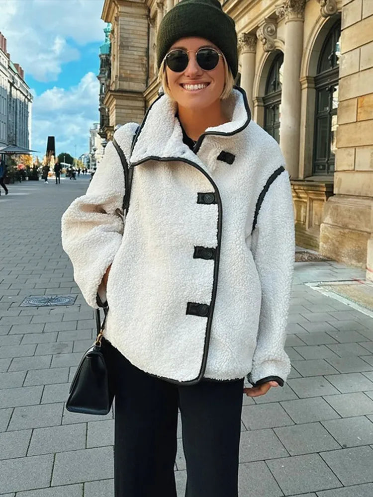 Plush Stand Collar Jackets Coat Women Vintage Lambwool White Single-Breasted Pockets Jacket Female Autumn High Street Outwear
