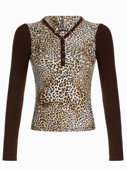 Button V Neck Slim Leopard Hooded Tee Contrast Patchwork Long Sleeve American Retro Y2K Basic T Shirt Women Aesthetic Clothes