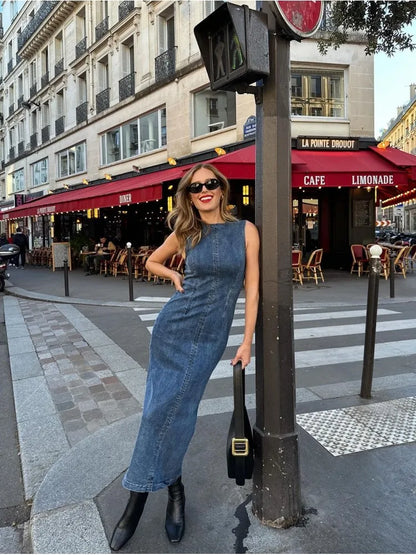 Casual Sleeveless Denim Dresses Women Elegant Slim Fit O-neck Slit Denim Dress Female Autumn Chic Street All-matching Robes
