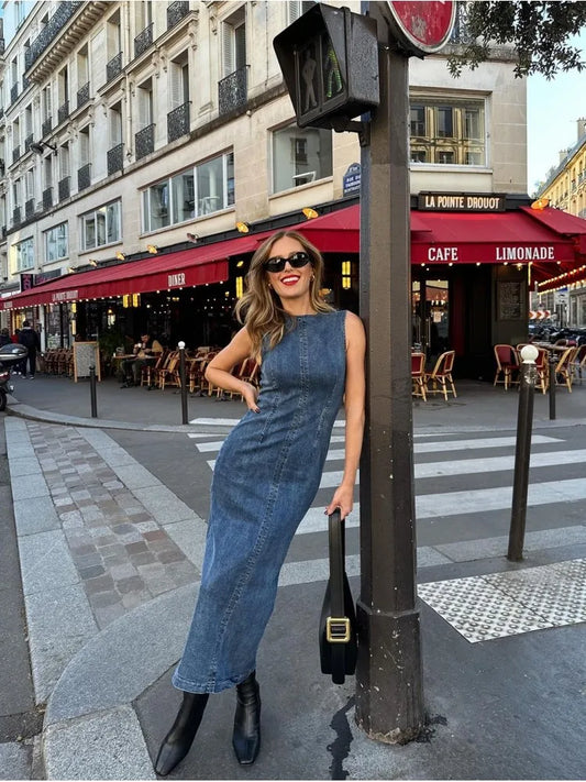 Casual Sleeveless Denim Dresses Women Elegant Slim Fit O-neck Slit Denim Dress Female Autumn Chic Street All-matching Robes