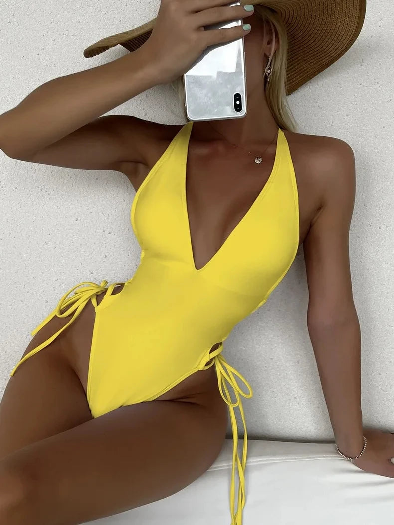 Solid V-neck One Piece Swimsuit for Women Sexy Cross Bandage Swimwear Backless Bathing Suit  New Monokini