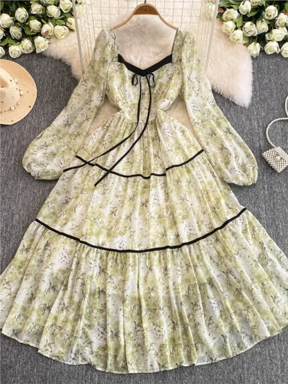 Elegant Floral Printed Midi Dresses for Women Lantern Sleeves Square Collar A-line Birthday Party Dress Autumn New Prom Robe