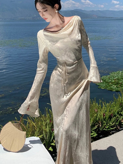 French Vintage Evening Dresses for Women Autumn Bodycon Wedding Prom Robe Flare Sleeve Swinging Collar Midi Vestidos Mujer New