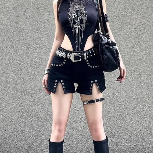 Low-Rise Rivet Denim Shorts