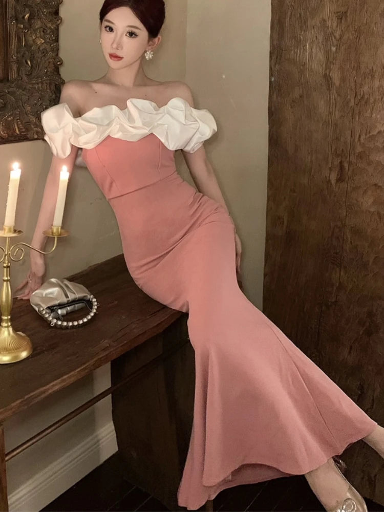 Sexy Bodycon Off Shoulder Party Dress Women  New Slim Waist Patchwork Elegant Lady Fashion Prom Robe Long Vestidos Mujers