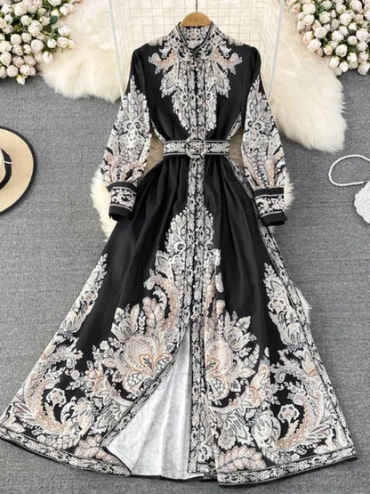 Women Vintage Long Dress Fashion Print A-line Ruffled Elegant Floral Party Dresses Ladies Long Sleeve Casual Long Robe Vestidos