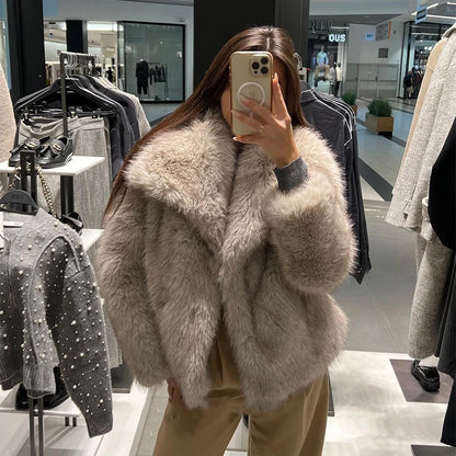 Winter New Fashion Gradient Fluffy Fur Coat Women High Street Luxury Big Fur Collar Faux Fox Fur Jacket Female Overcoats