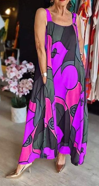 Print Spaghetti Strap Dresses Women Fashion Casual Pocket Loose Long Dress Lady Commuting Clothing Maxi Vestidos 2025 Summer New