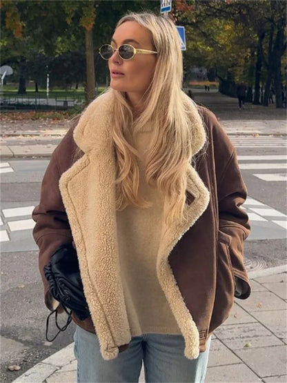 Winter Loose Fashion Overcoat For Women Lapel Pocket jacket Coat Streetwear Commute Contrast Vintage Ladies Outwear 2025