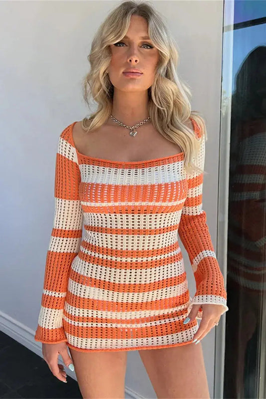 Striped Mini Dress with Knit Hollow Out Detail