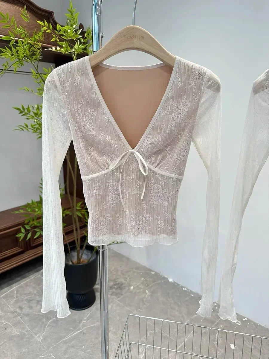Korean Fashion Crop Top y2k Aesthetic Sweet Lace Patchwork Long Sleeve T Shirt with Bow 2000s Women Clothes Streetwear