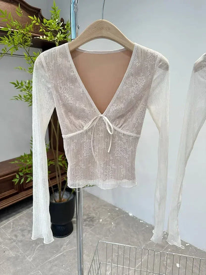 Korean Fashion Crop Top y2k Aesthetic Sweet Lace Patchwork Long Sleeve T Shirt with Bow 2000s Women Clothes Streetwear