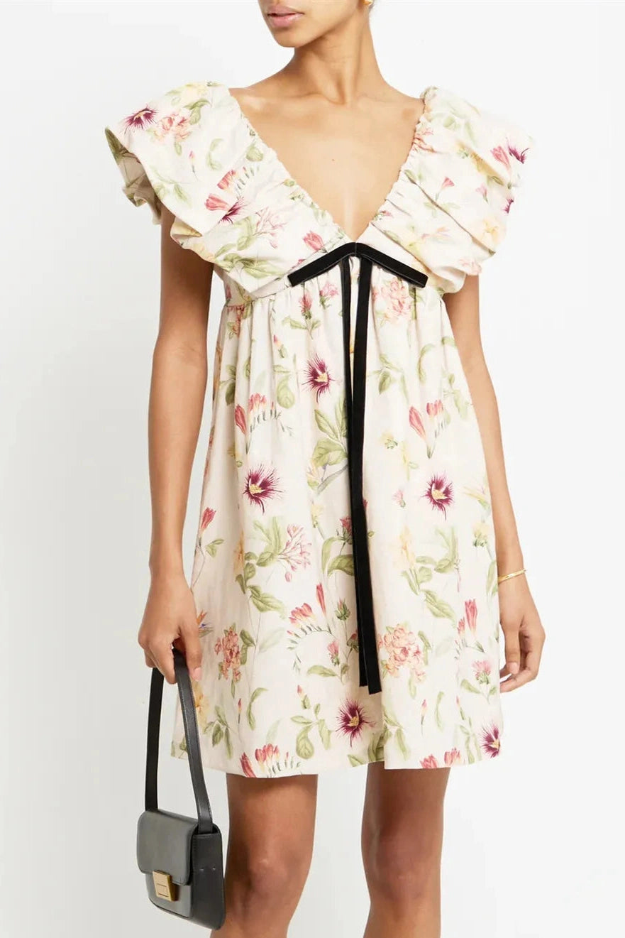 Floral V Neck Puff Sleeve Mini Dress