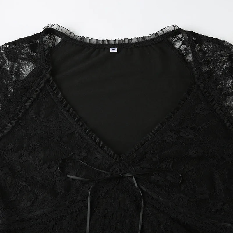 Lace Trim Long Sleeve Mesh Top