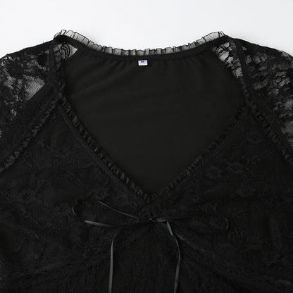 Lace Trim Long Sleeve Mesh Top