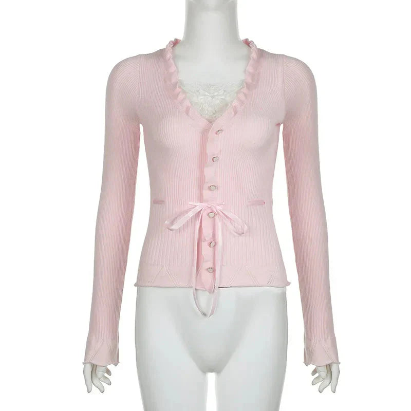 Fairycore Clothing Top y2k Ruffle Lace Patchwork Long Sleeve Knitted T Shirt 2000s Coquette Clothes Streetwear
