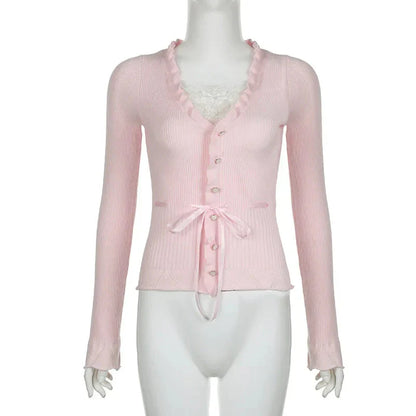 Fairycore Clothing Top y2k Ruffle Lace Patchwork Long Sleeve Knitted T Shirt 2000s Coquette Clothes Streetwear