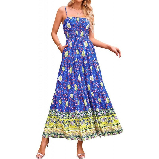 Vintage Flower Print Spaghetti Strap Dresses Women Fashion Trendy Bohemian Beach Vacation Long Dress Female Summer New Vestidos