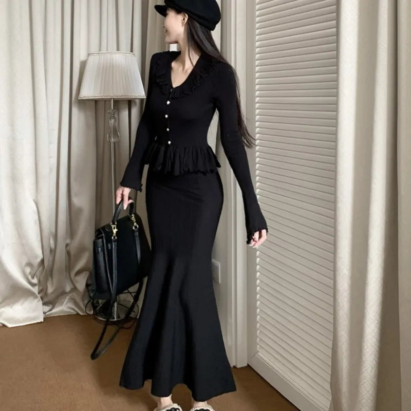 Autumn Winter Knitted 2-Piece Sets Women Ruffles Tops Bodycon Fishtail Skirt Slim Solid Knitwear Outfits Korean Fashion Suit