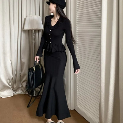 Autumn Winter Knitted 2-Piece Sets Women Ruffles Tops Bodycon Fishtail Skirt Slim Solid Knitwear Outfits Korean Fashion Suit