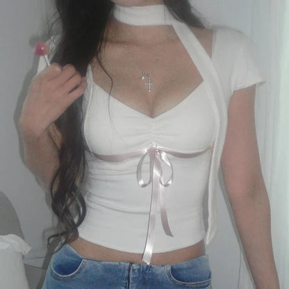 Voguable Coquette Contrast Bow Folds Cropped Top White Pink Short Sleeve Slim-fitting Short Sleeve T-shirt Y2K