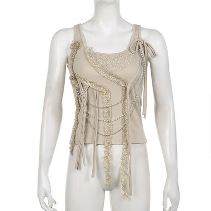 Voguable  Fairycore Lace Ruffle Pearl Chain Decorate Crop Top Coquette Sleeveless Tops Grunge 2000S Y2K Camis Cute Tank Tops