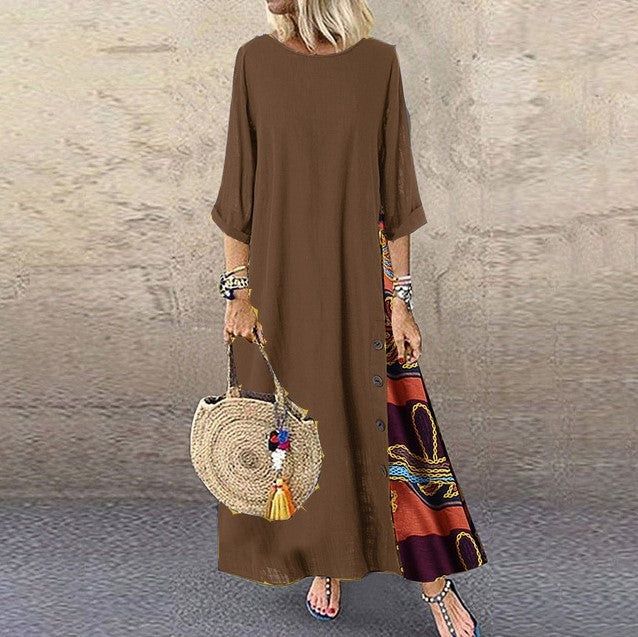 Cotton Linen Vintage Long Dresses Women Three Quarter Sleeves Splicing Print Loose A-line Dress Fashion Casual Lady Maxi Vestido