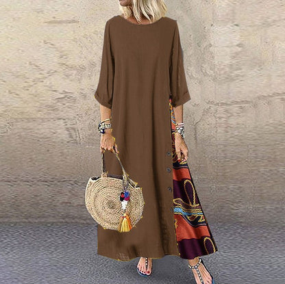 Cotton Linen Vintage Long Dresses Women Three Quarter Sleeves Splicing Print Loose A-line Dress Fashion Casual Lady Maxi Vestido