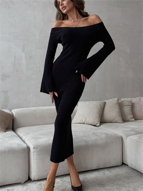 Ribbed Off-Shoulder Knit Long Dress For Women Slim Elegant Long Sleeve High Waist Backless Dress Knitwear Loose Maxi Dress